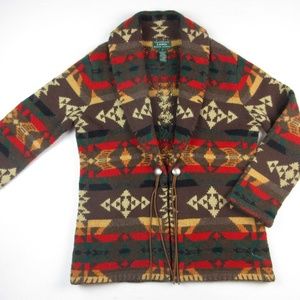 Vintage Ralph Lauren Cardigan Sweater Sz M Hand Knit Western Aztec Design